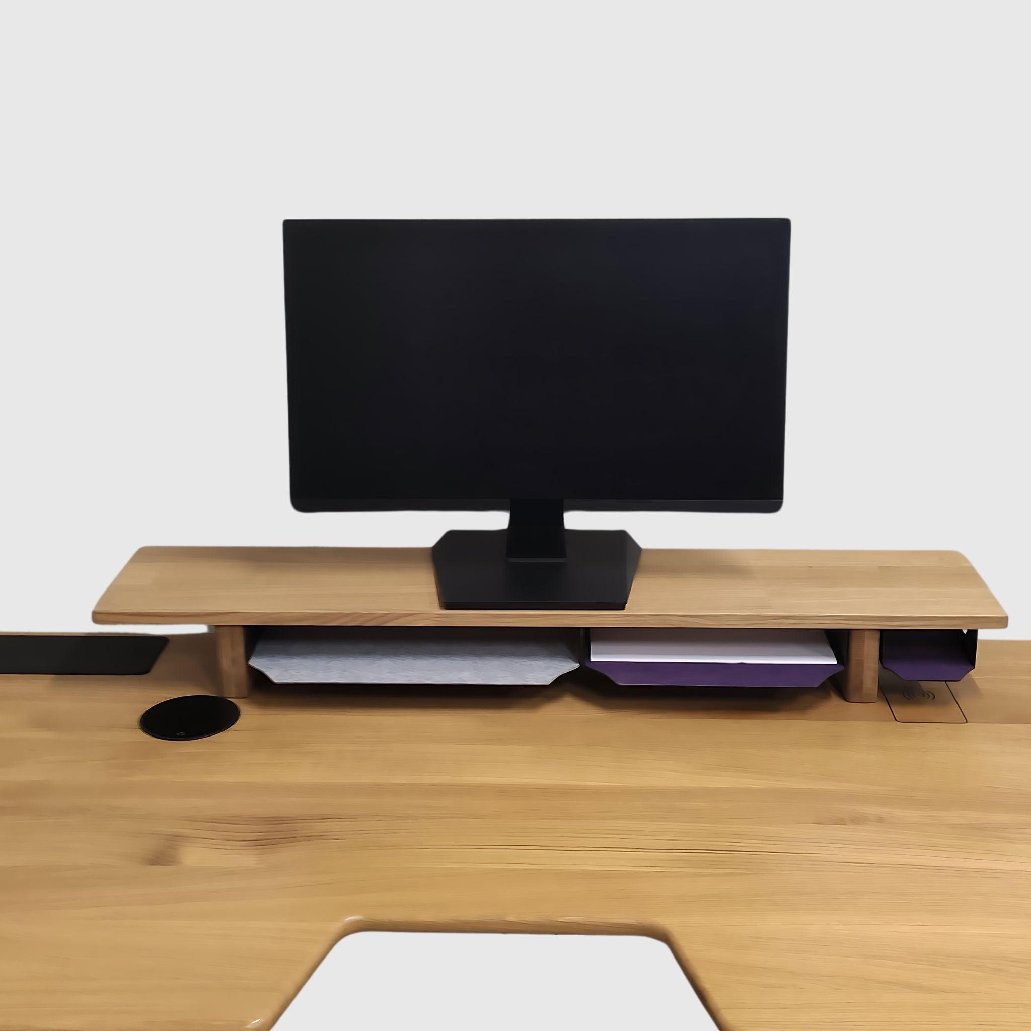 Shelf under the monitor made of natural wood with organizers L