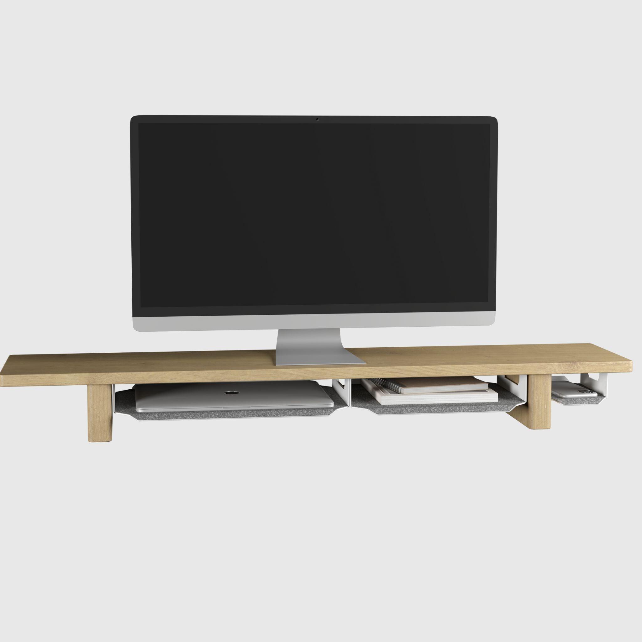 Shelf under the monitor made of natural wood with organizers L