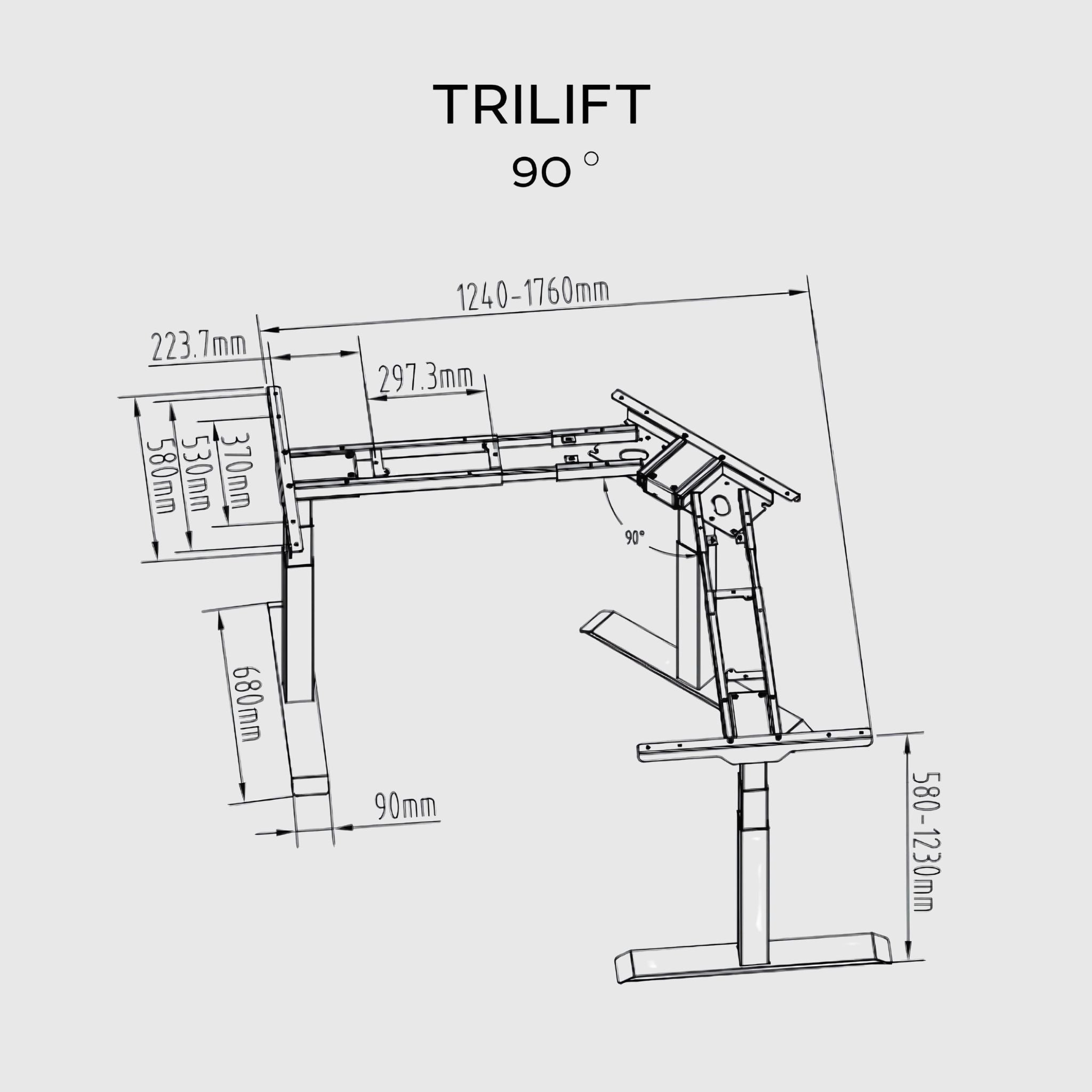 TRILIFT height-adjustable three-support corner table with MDF tabletop