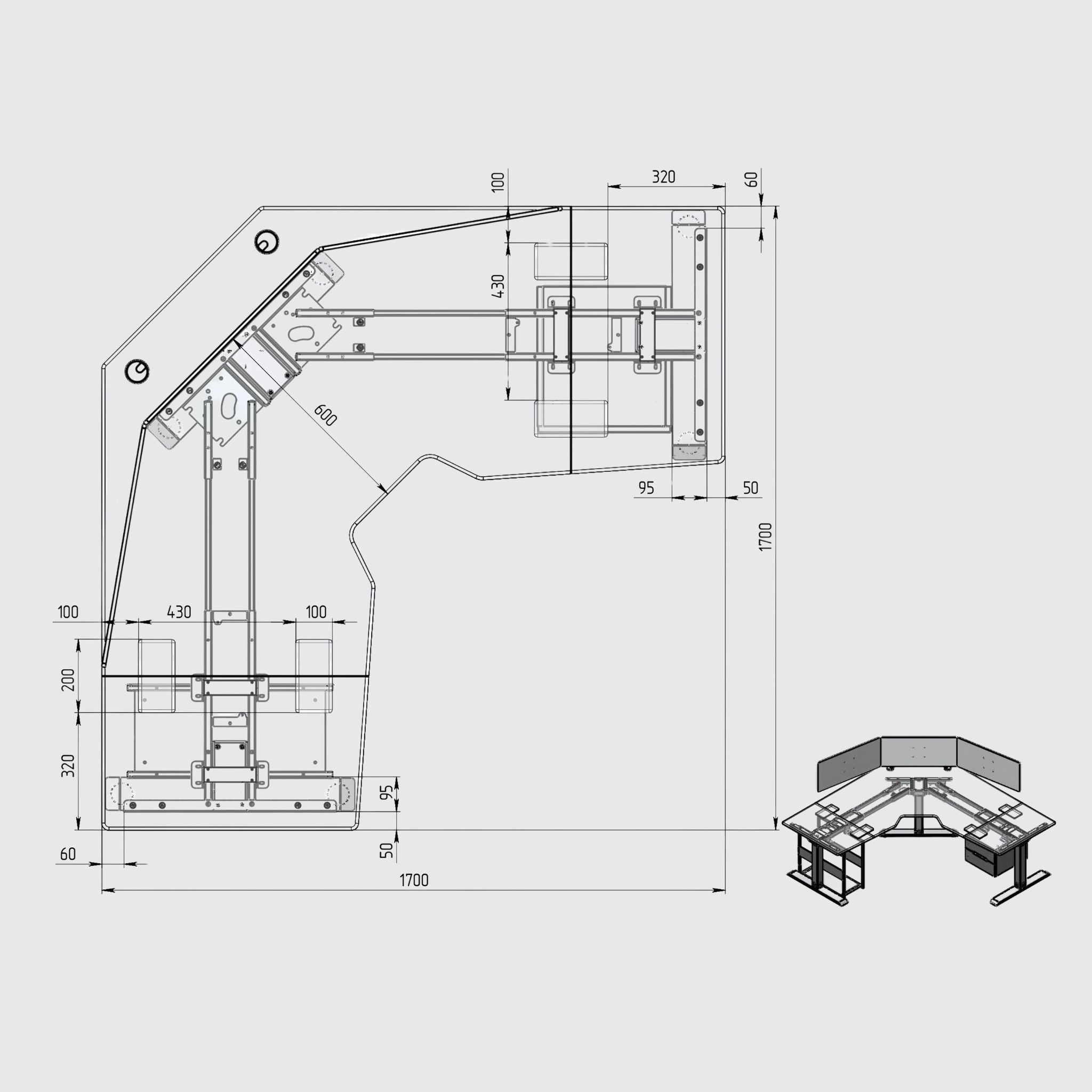 TRILIFT height-adjustable three-support corner table with MDF tabletop